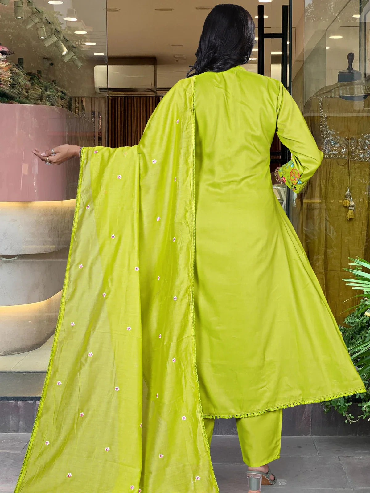 Tarani chanderi silk green dress back view with embroidered dupatta and flowing silhouette