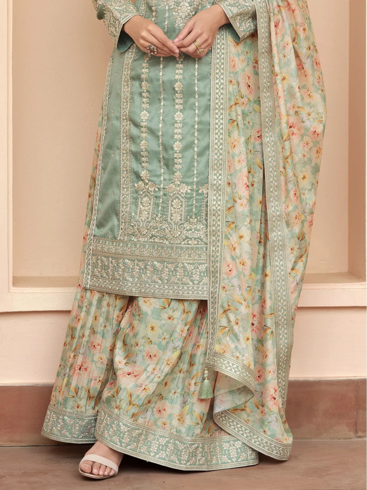 Tarani green silk sharara suit closeup detailing