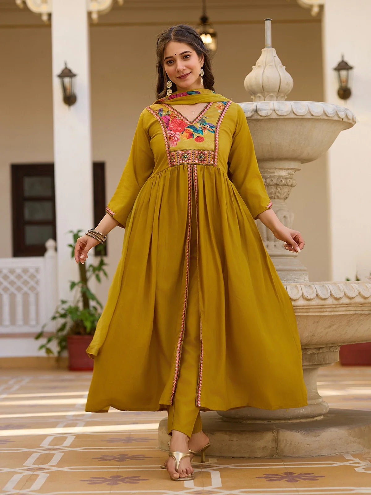 Tarani elegant embroidered green silk dress front full pose with pant and dupatta