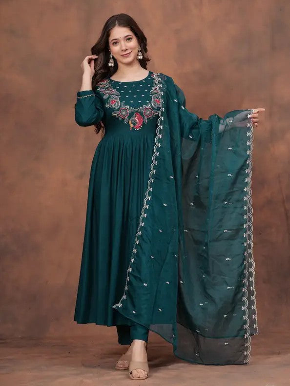 Tarani festive green silk dress front view with embroidery and dupatta