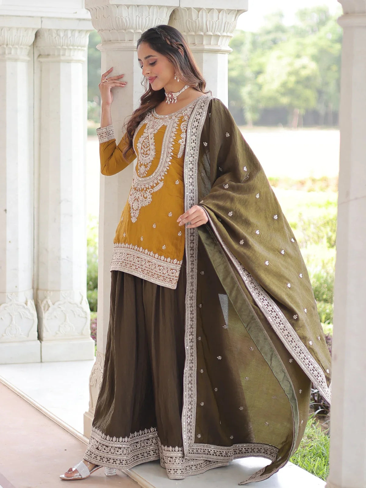 Tarani designer green sharara dress with sequin dupatta full front pose