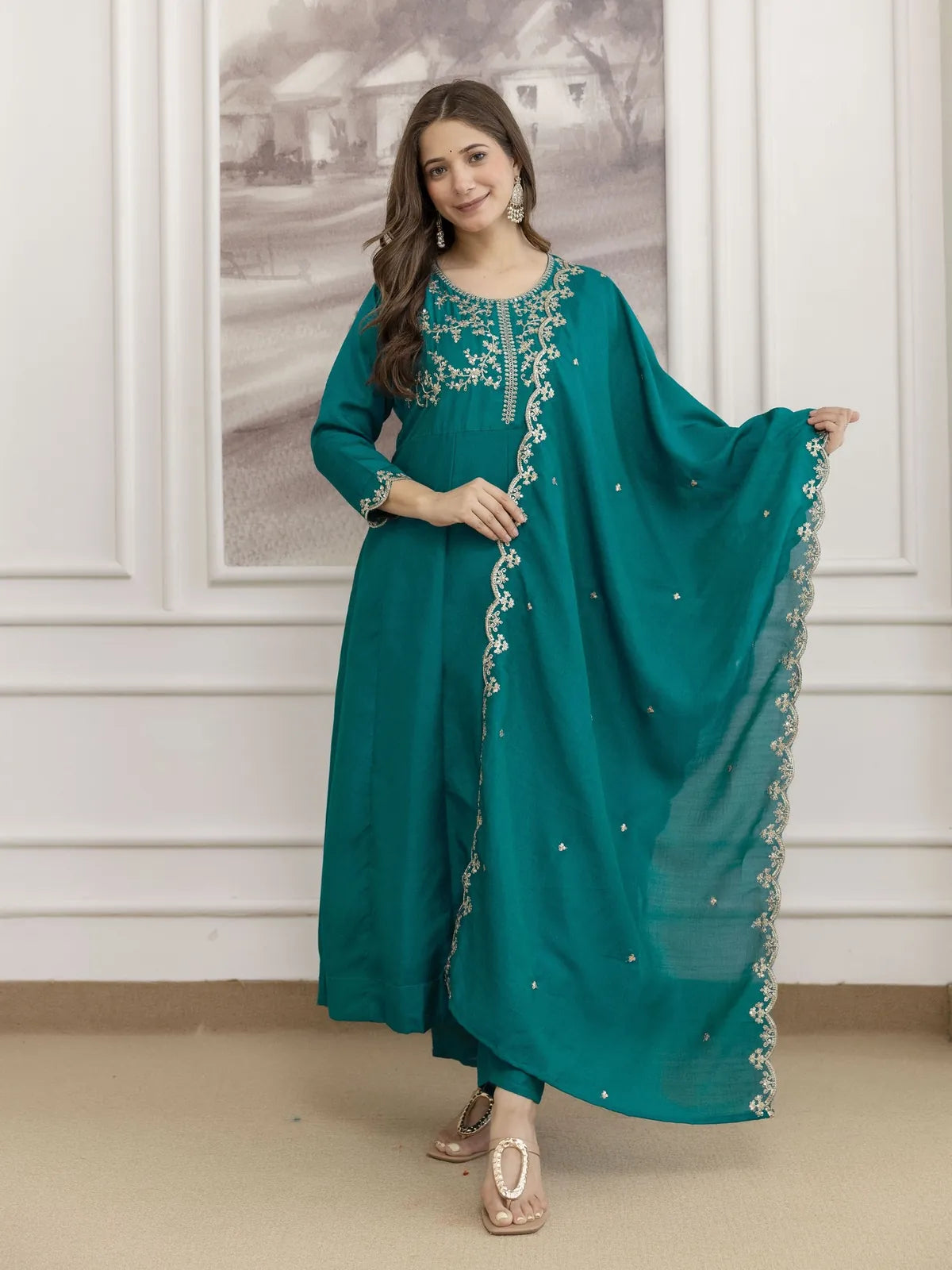 Tarani premium green Vichitra Silk dress with full embroidery and dupatta in full front pose