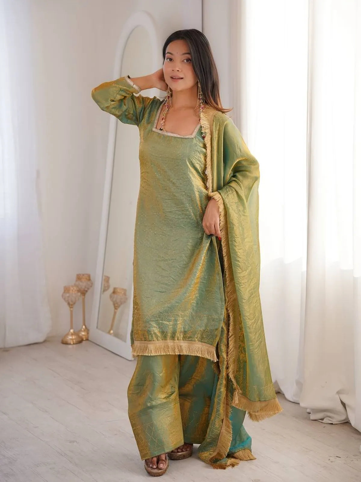 Tarani green silk dress full front view with dupatta and sharara