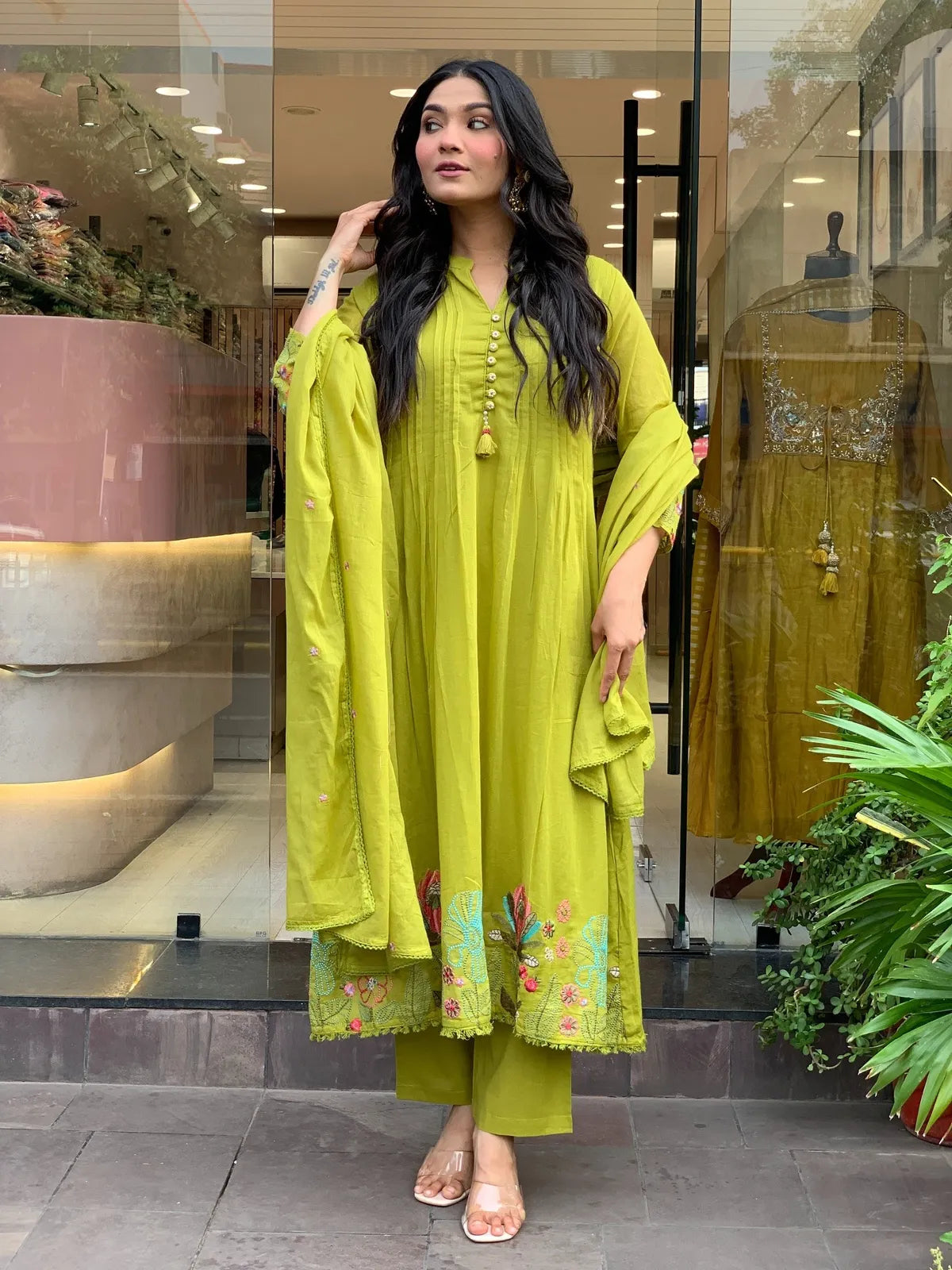 Tarani premium embroidered chanderi silk dress in green full front view with dupatta