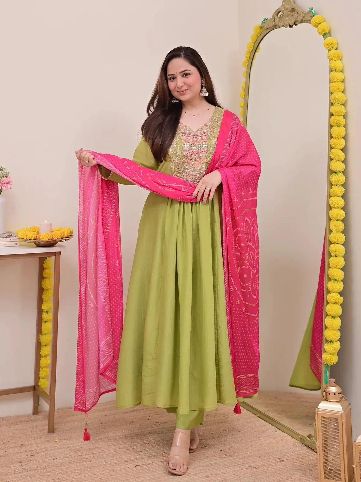 Tarani green silk festive dress full view with embroidered yoke and pink dupatta