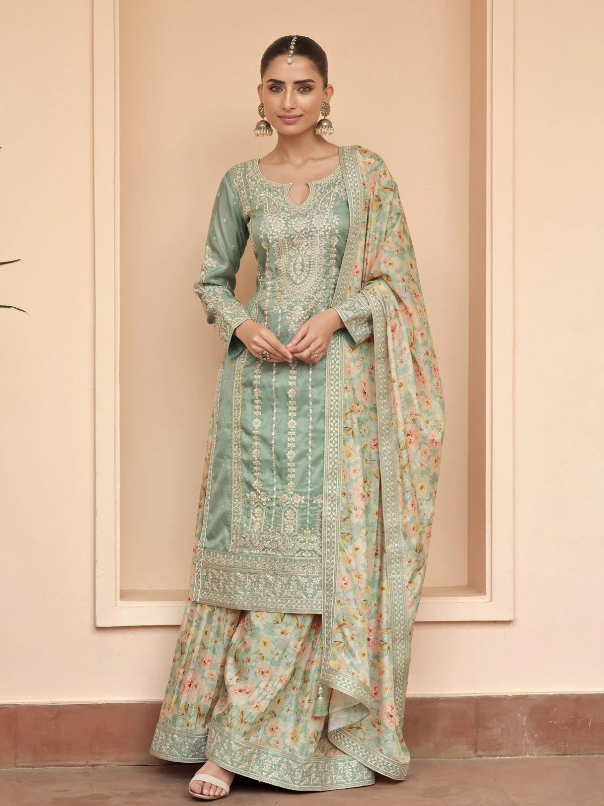 Tarani premium green silk sharara dress with embroidered detailing for festive occasions