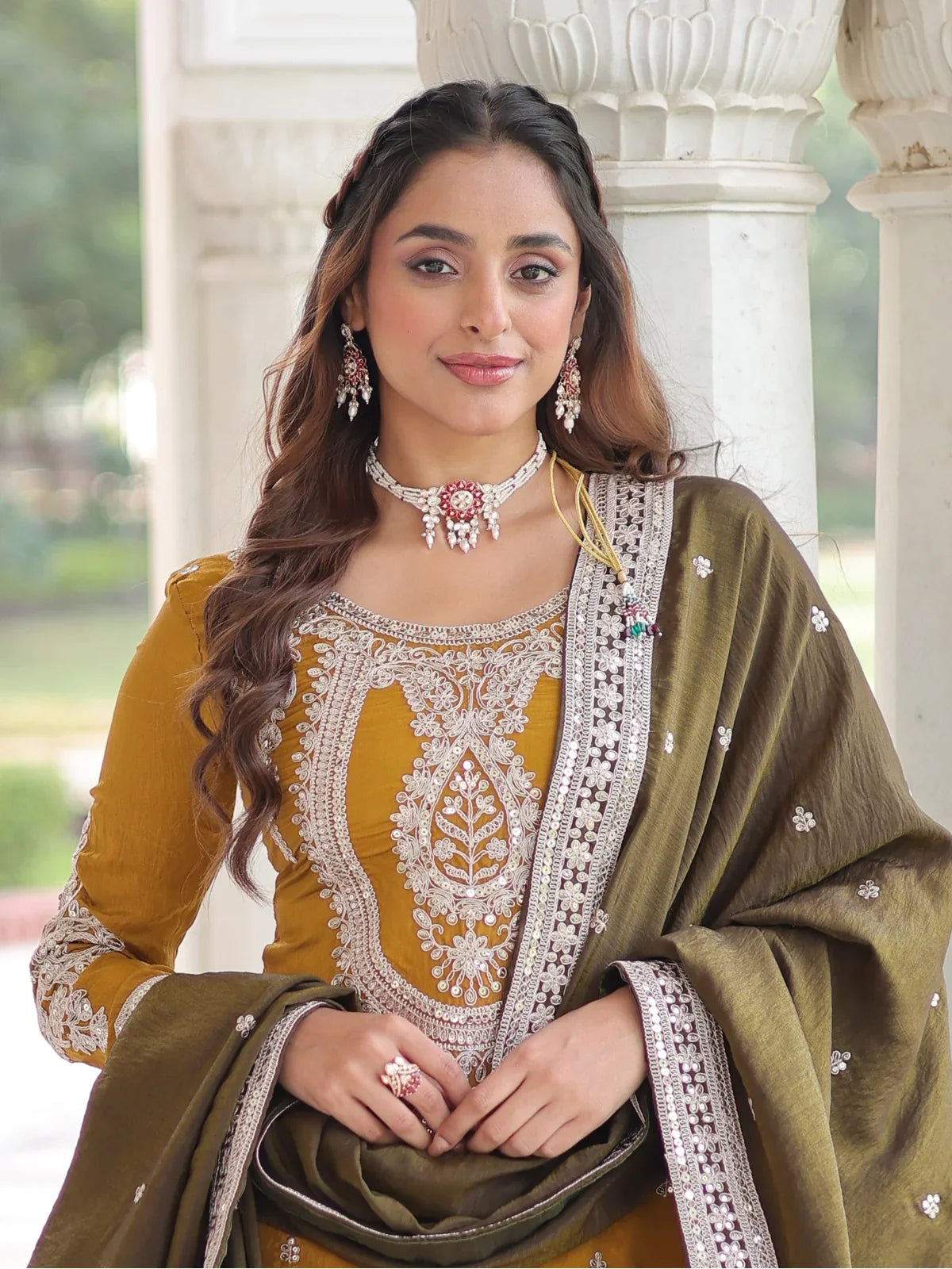 Tarani green silk dress close-up with embroidery and dupatta detail