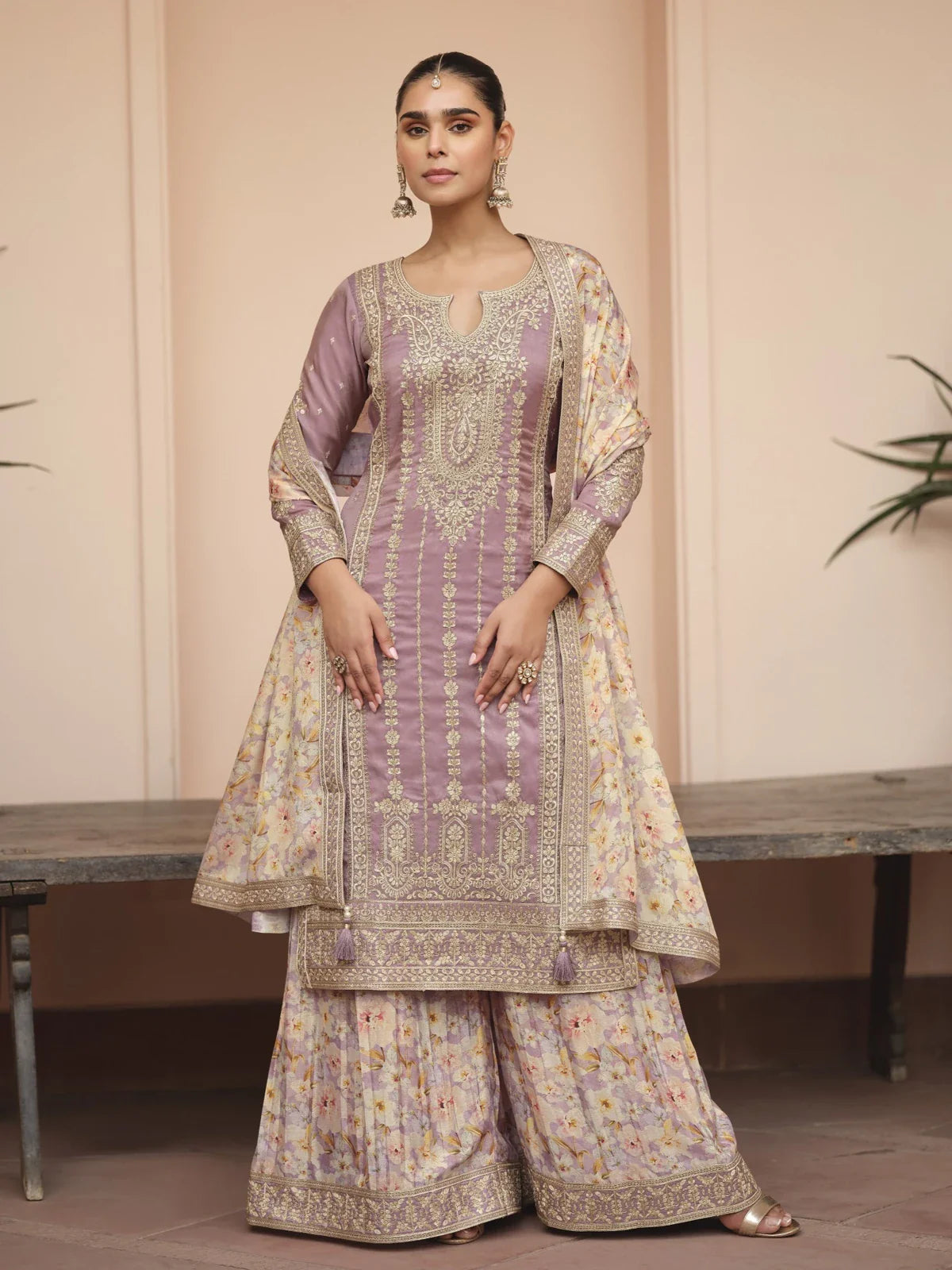 Tarani premium lavender silk sharara suit full view with embroidered top and floral dupatta