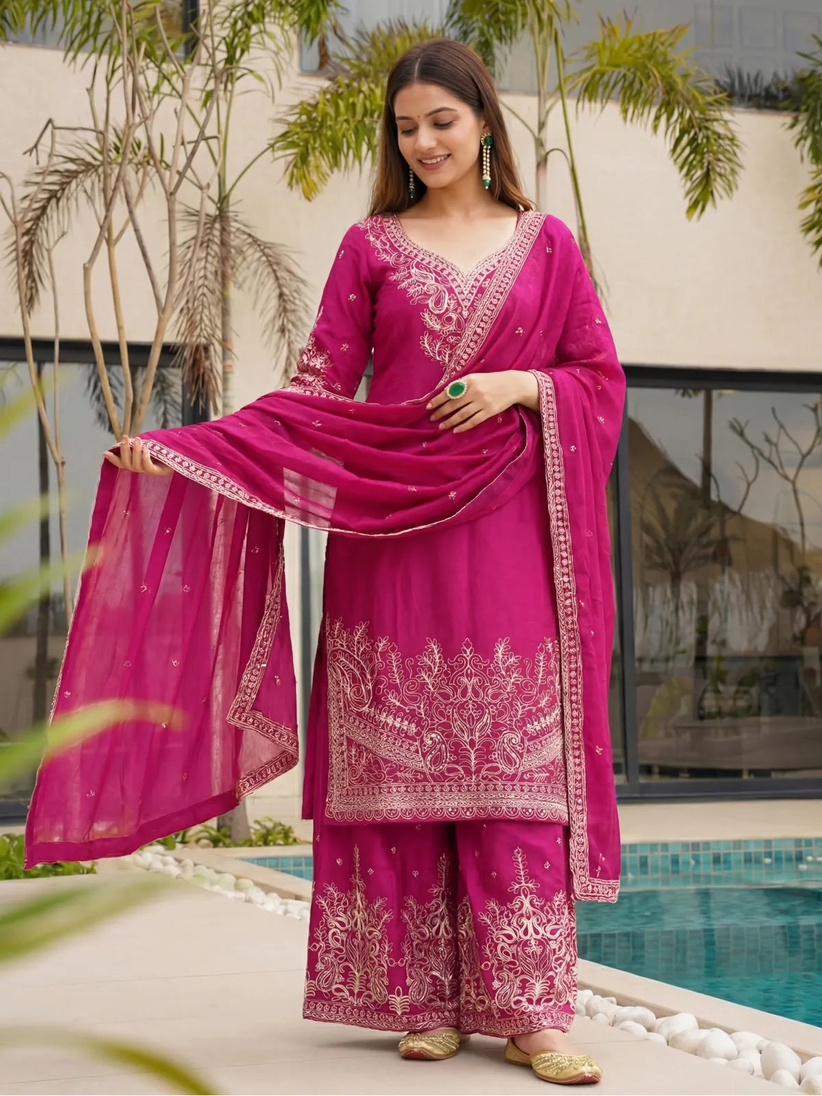 Tarani magenta Chinon Silk sharara dress full view with embroidered dupatta