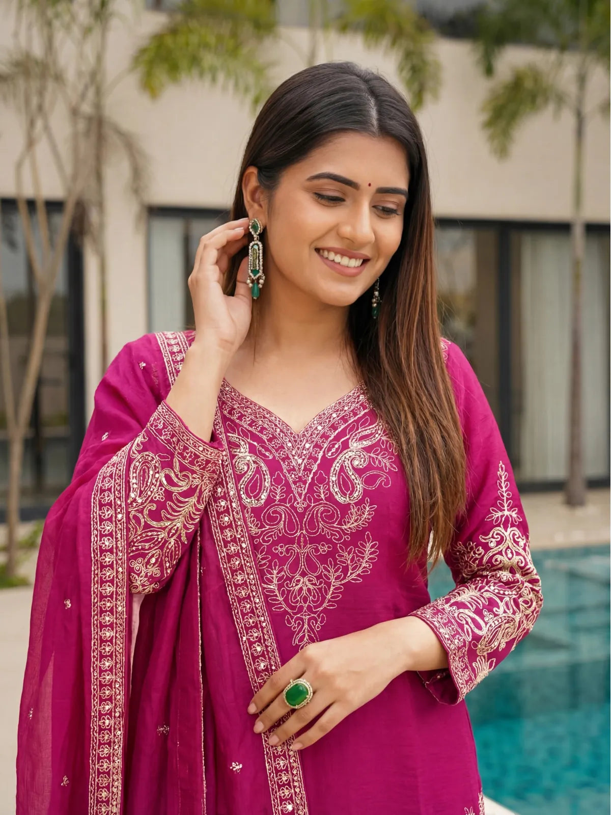 Tarani magenta Chinon Silk sharara dress closeup showing neckline embroidery