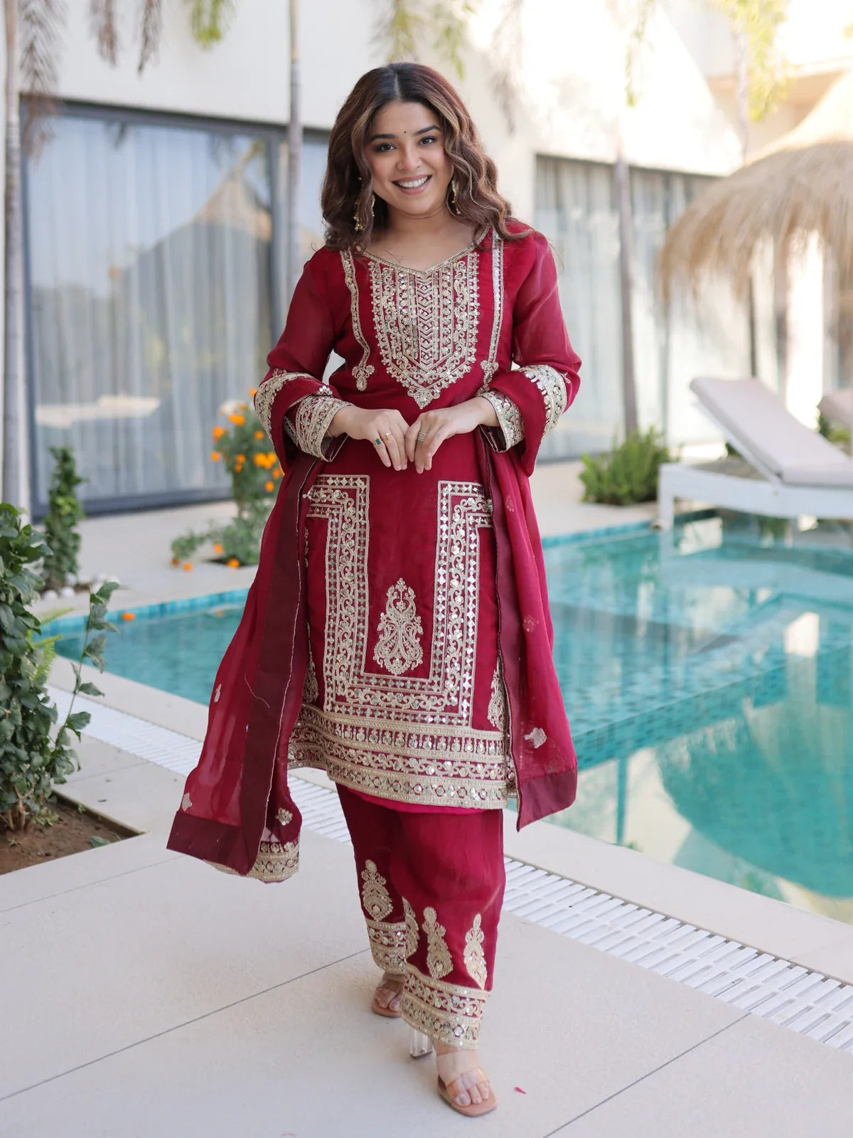 Tarani maroon silk festive dress with embroidery work and designer dupatta front view