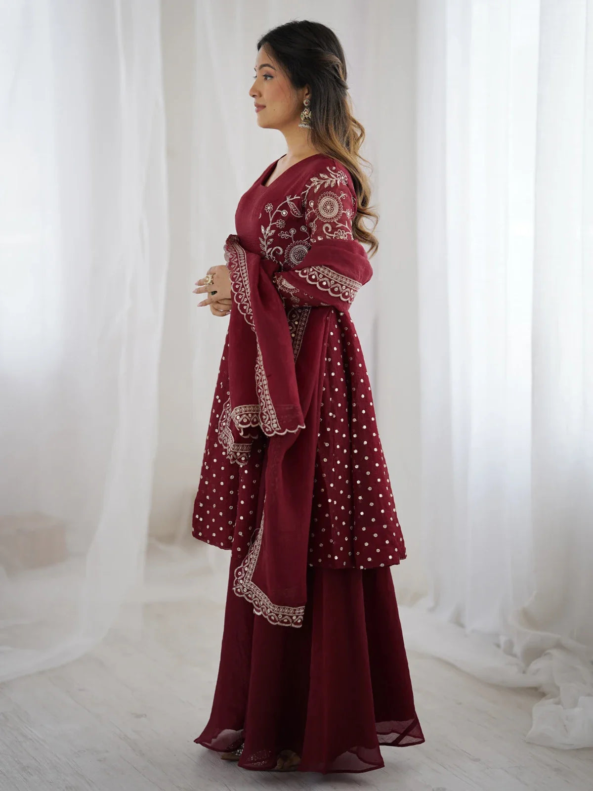 Tarani maroon silk sharara dress front embroidery detailing view