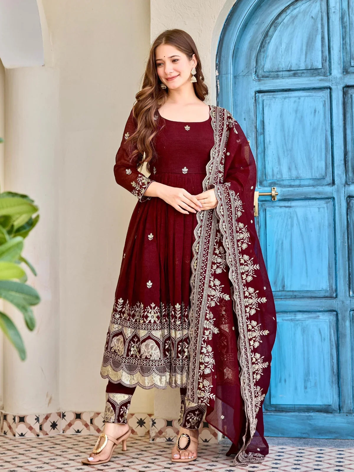 Tarani maroon embroidered silk dress full front view with dupatta and pant set