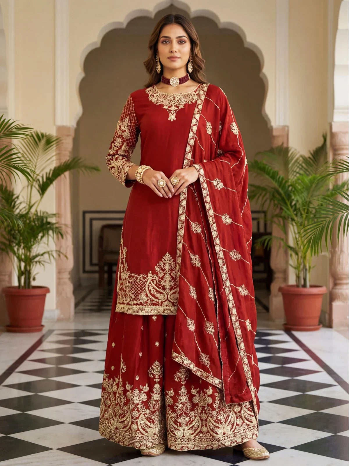 Tarani maroon Chinon silk festive dress with zari sequin embroidery and dupatta front view