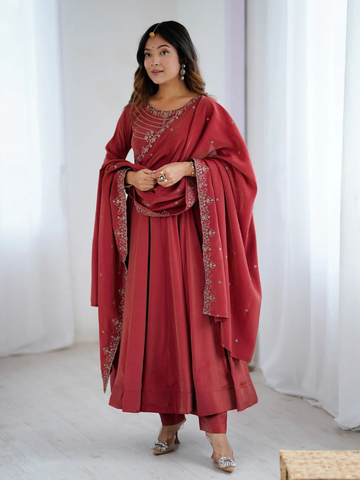 Tarani maroon silk Anarkali dress full view with dupatta and embroidery details