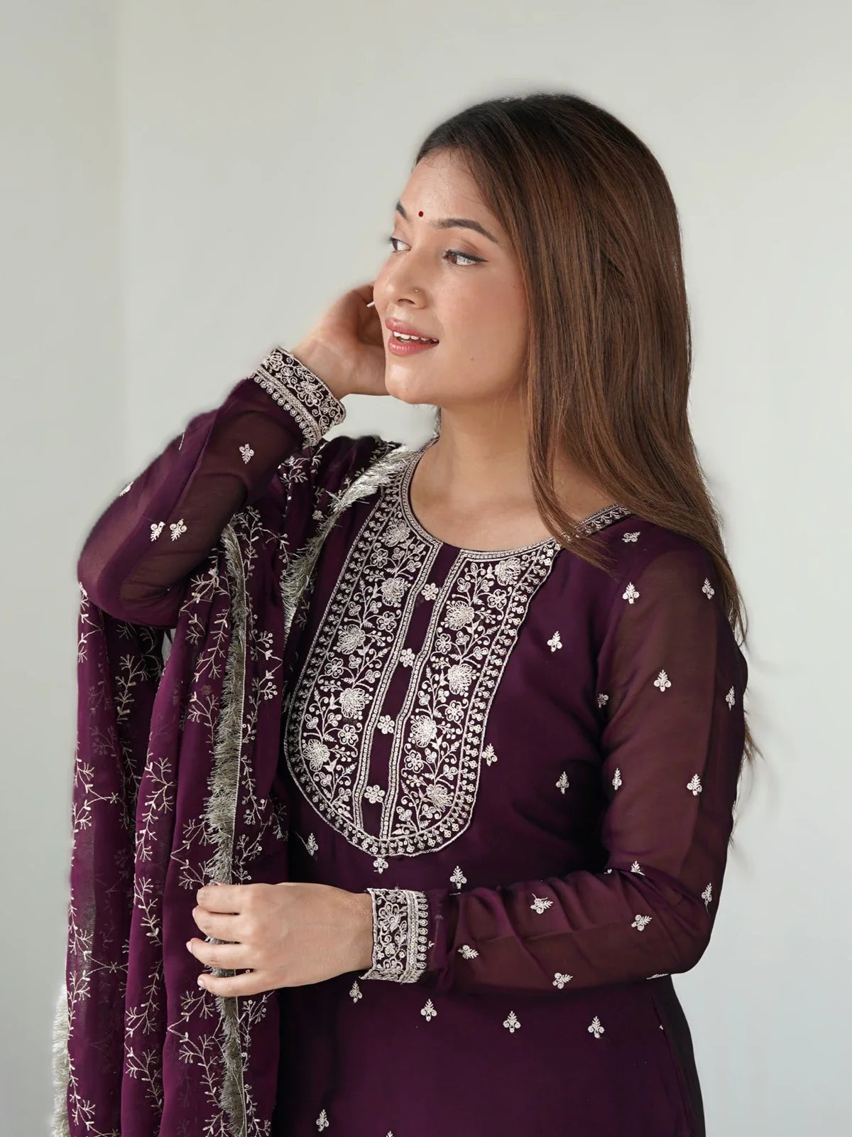 Tarani maroon silk dress upper body embroidery detail with full sleeves festive wear