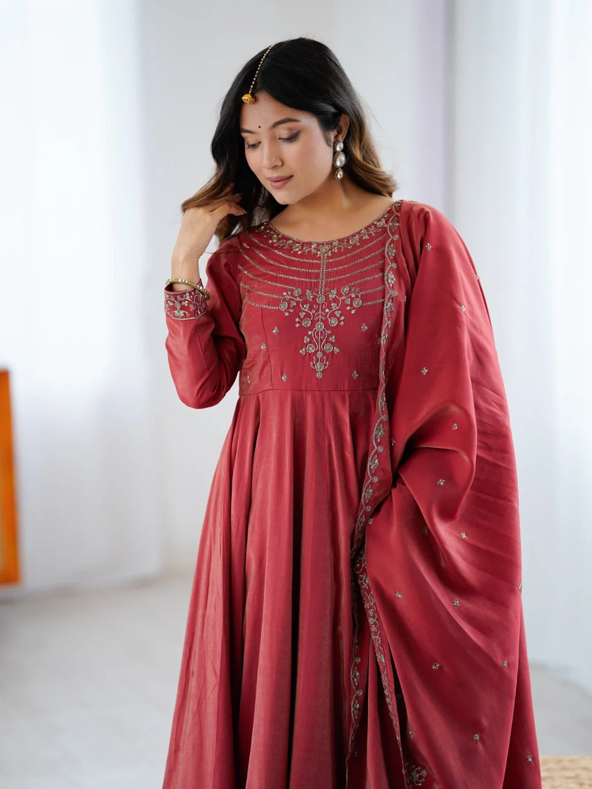 Tarani maroon silk Anarkali dress upper body view with embroidered neckline