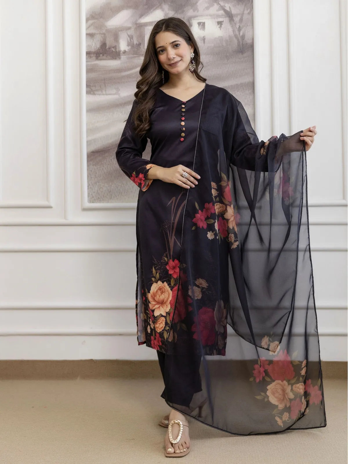 Tarani navy blue soft silk dress full view with floral printed kurti, pant and digital print dupatta
