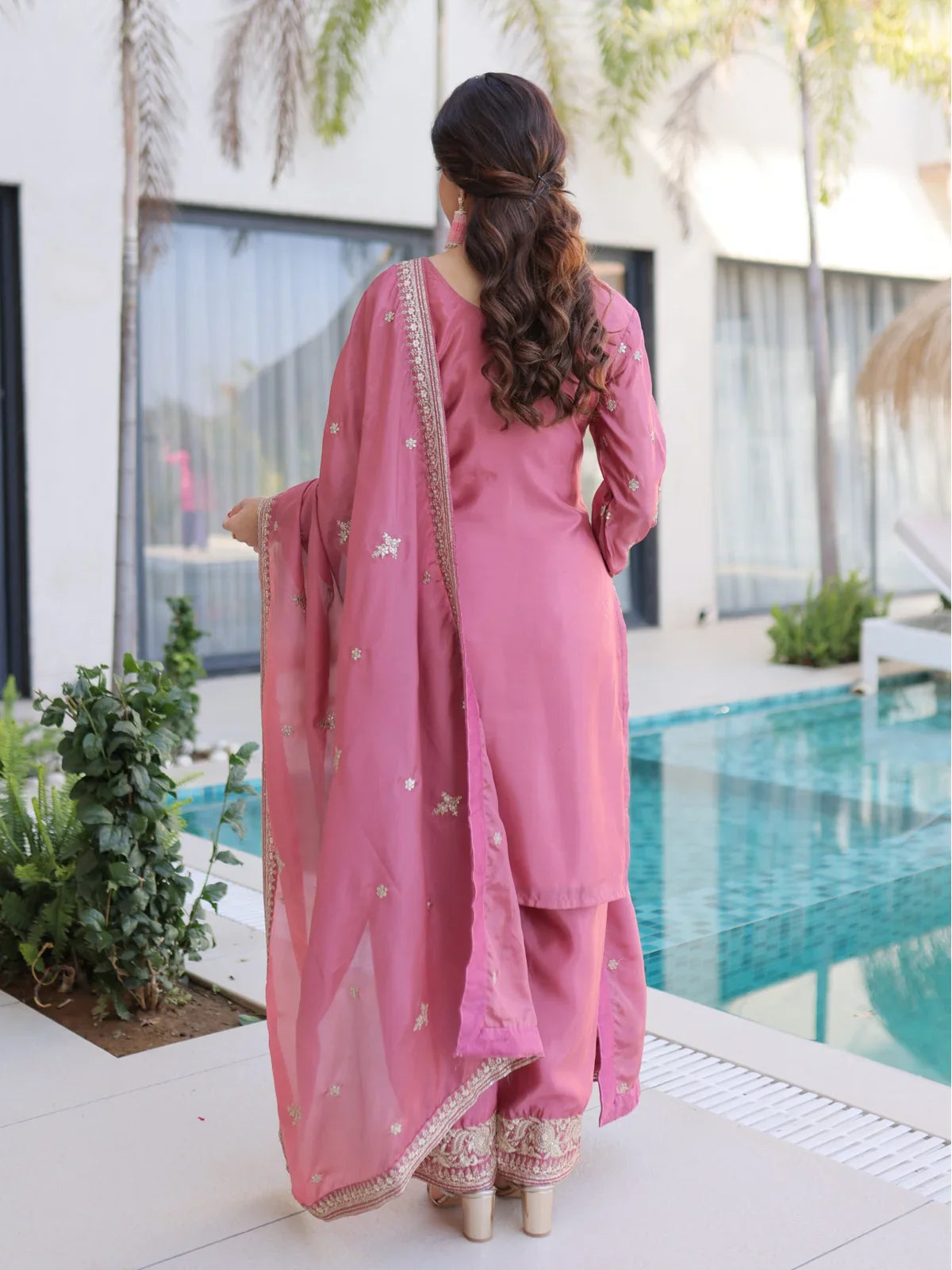 Tarani pink embroidered silk dress back-view view for women
