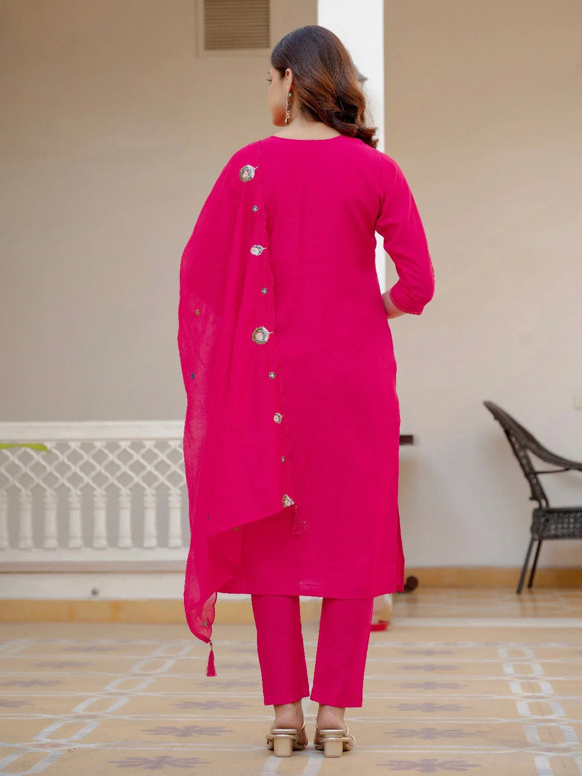 Tarani silk festive dress back view with dupatta and full suit look for weddings and parties
