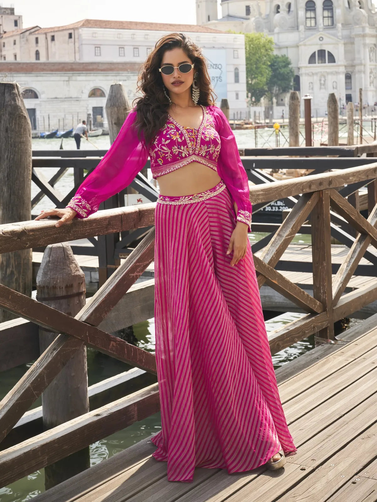 Tarani pink silk sharara suit with embroidery full view 