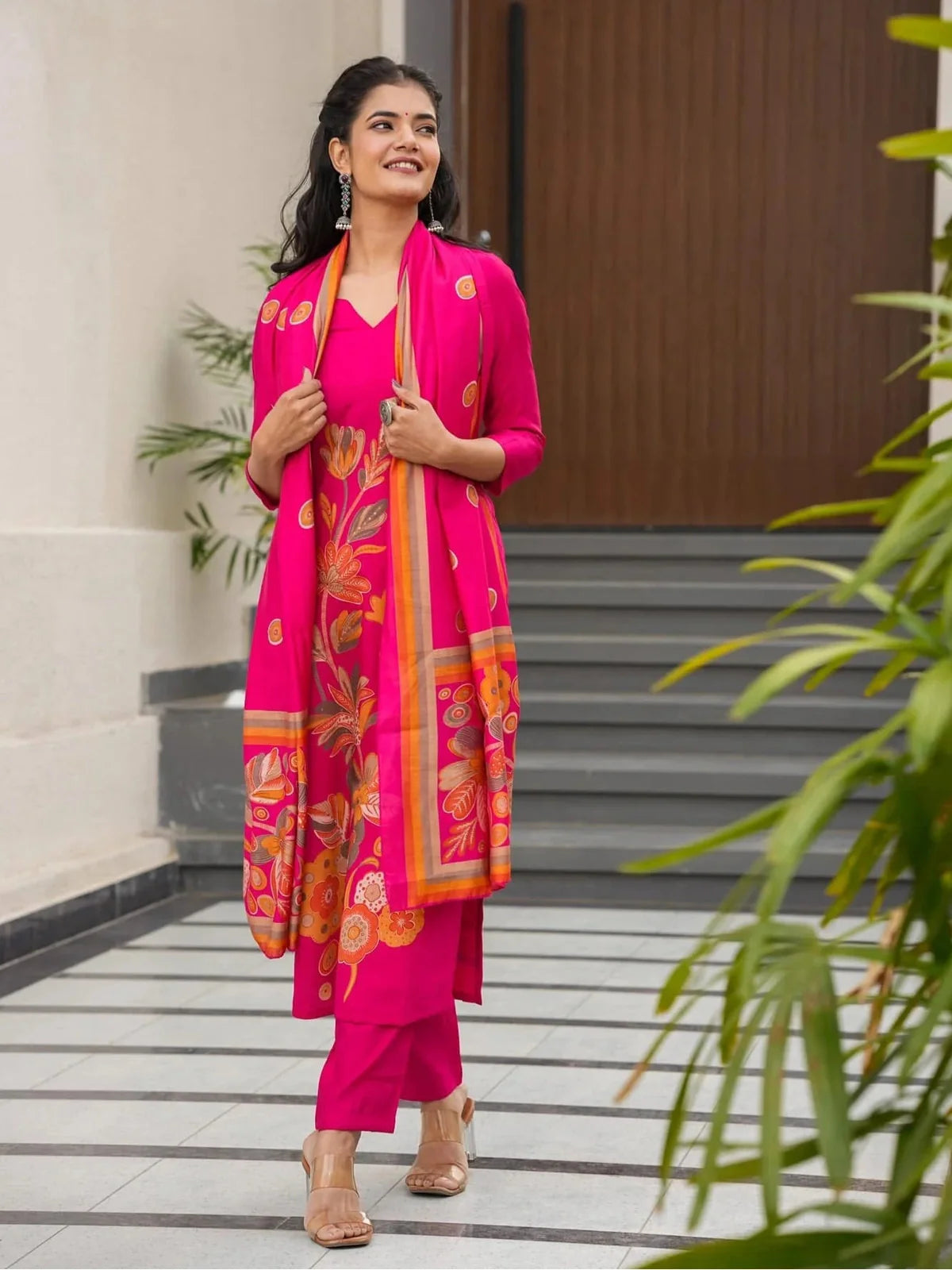 Tarani premium pink silk kurti with pant and dupatta full front festive design