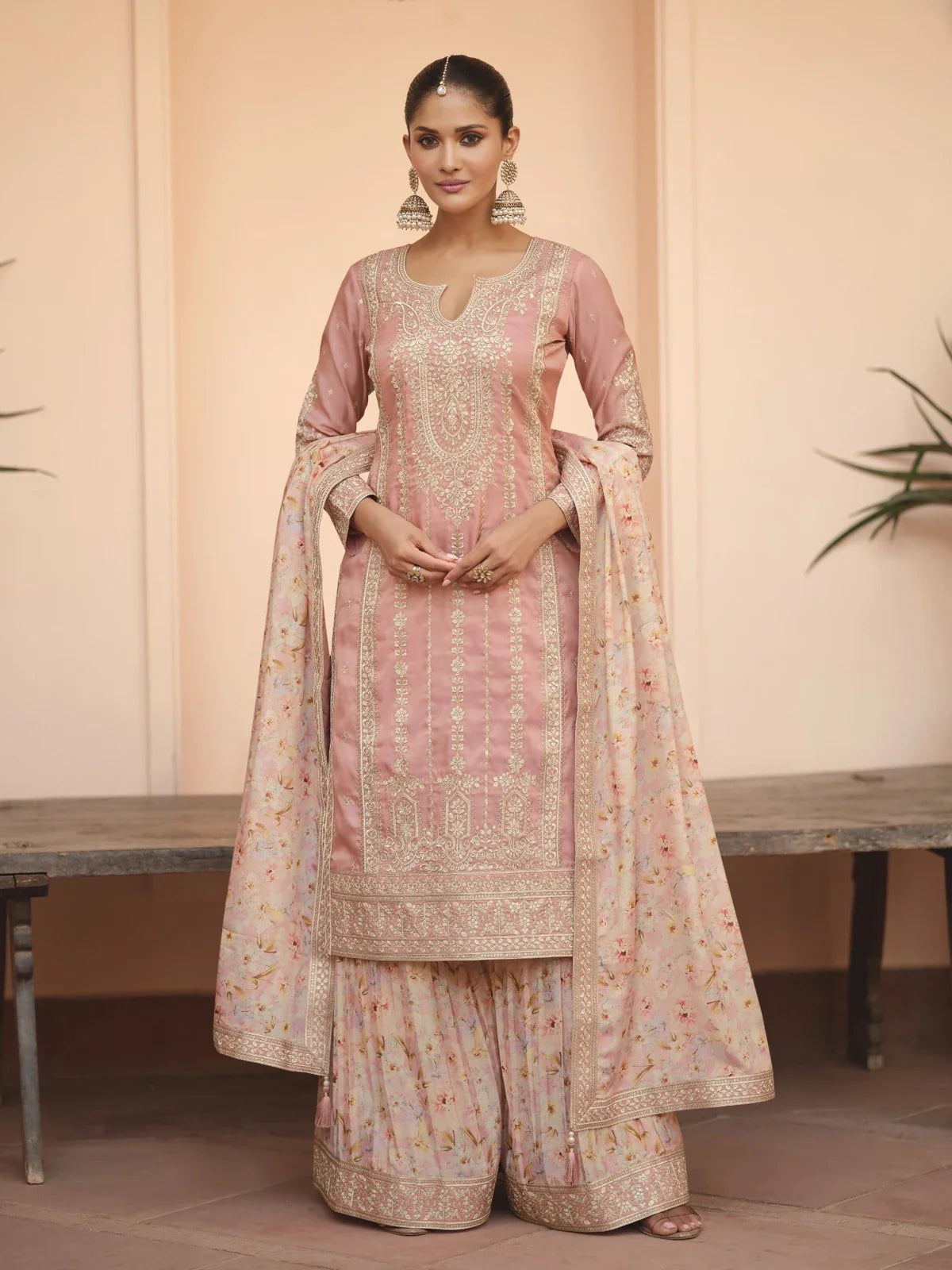 Tarani premium pink silk sharara dress full front view with embroidered kurta and floral dupatta