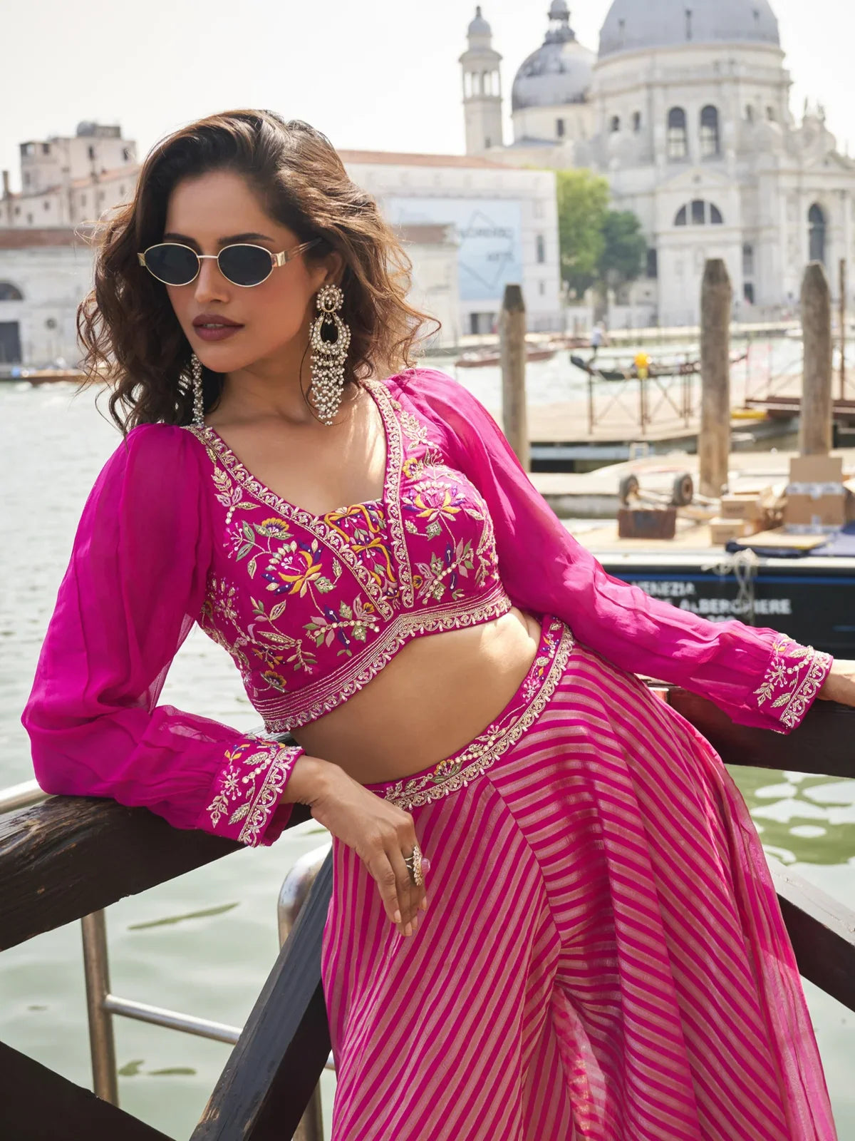 Tarani pink silk sharara suit embroidered blouse upper body view 