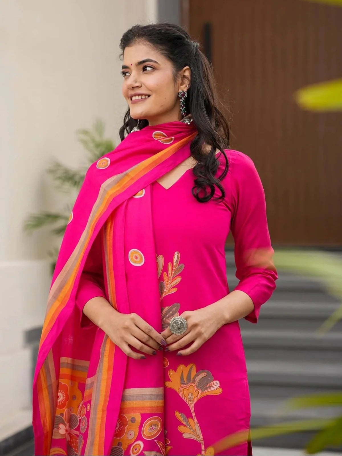 Tarani silk dress pink kurti with dupatta upper body closeup festive wear