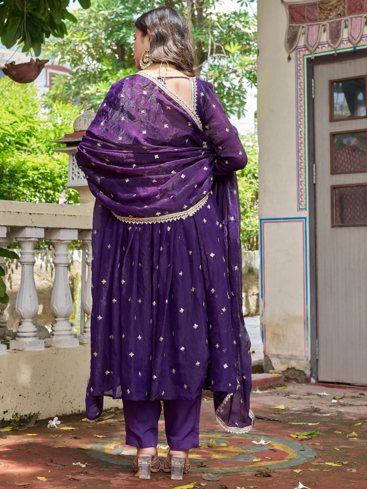Tarani purple festive silk dress with lace-bordered dupatta back view