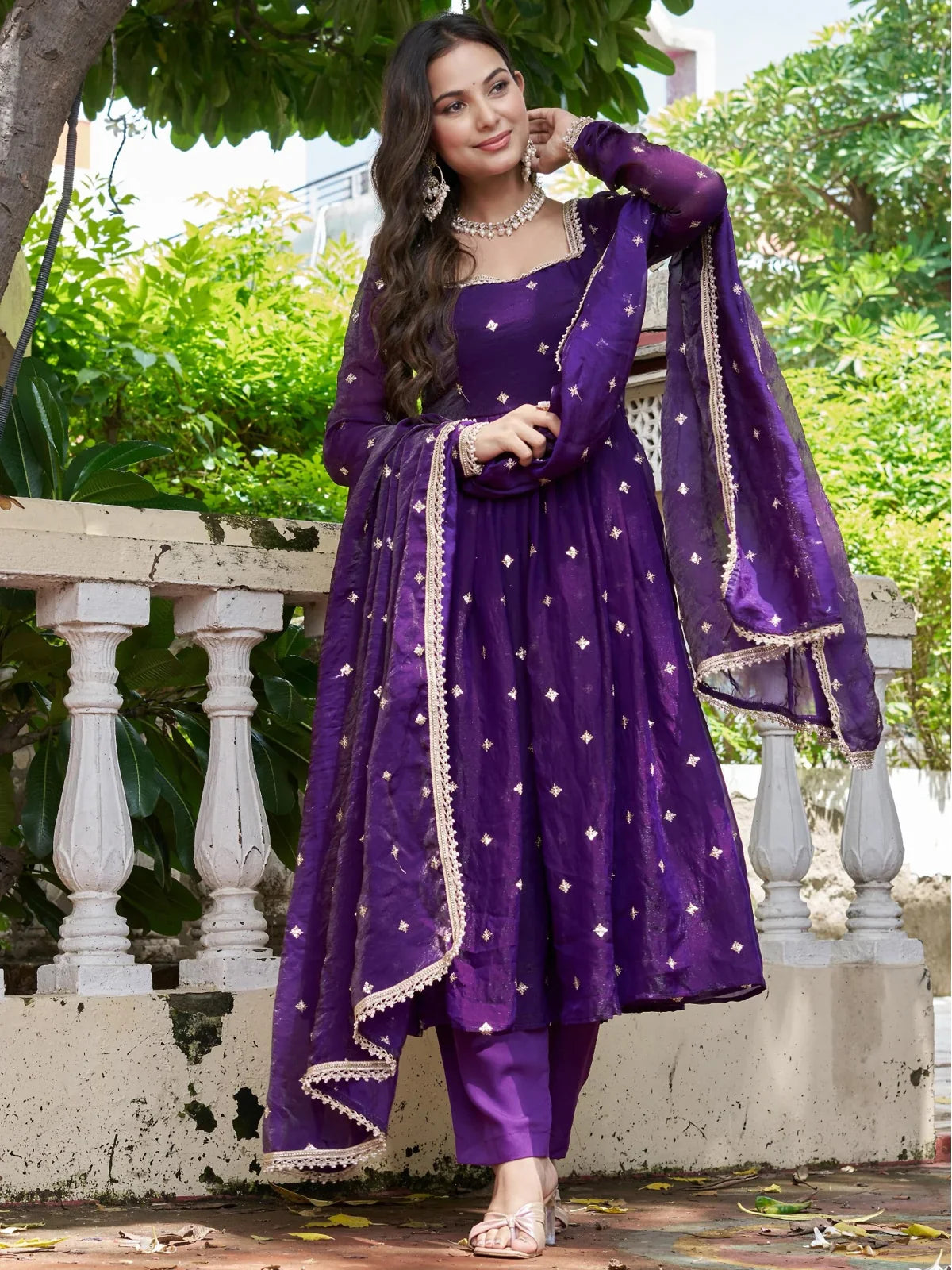 Tarani purple silk embroidered festive dress with dupatta and pant full view