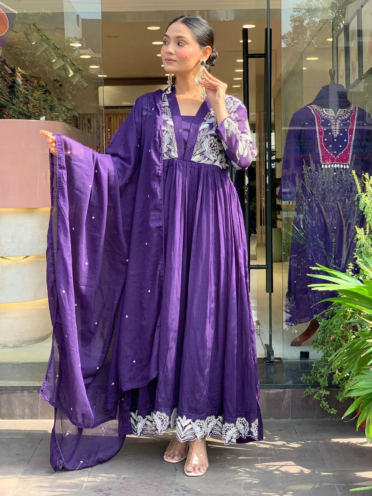 Tarani purple silk dress with heavy embroidery and flared silhouette full front view