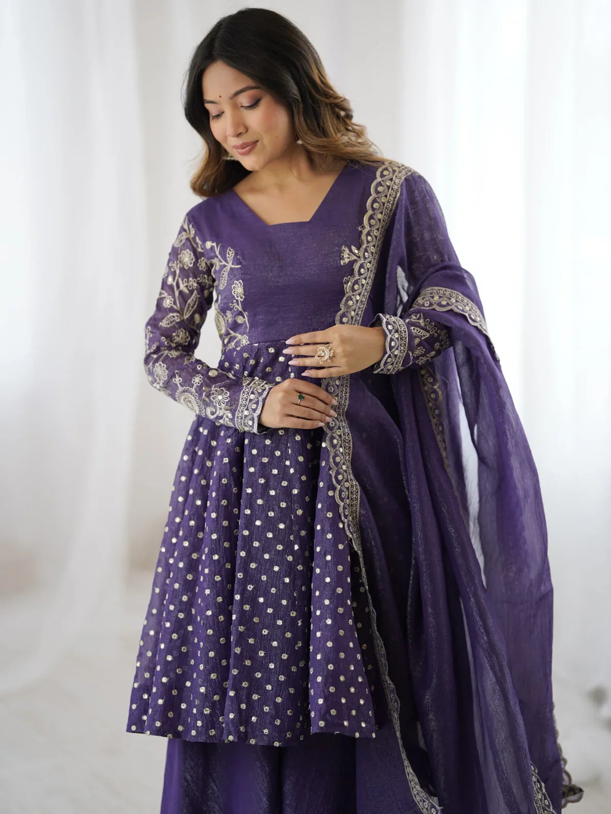 Tarani premium purple silk dress upper body view highlighting embroidery sleeves
