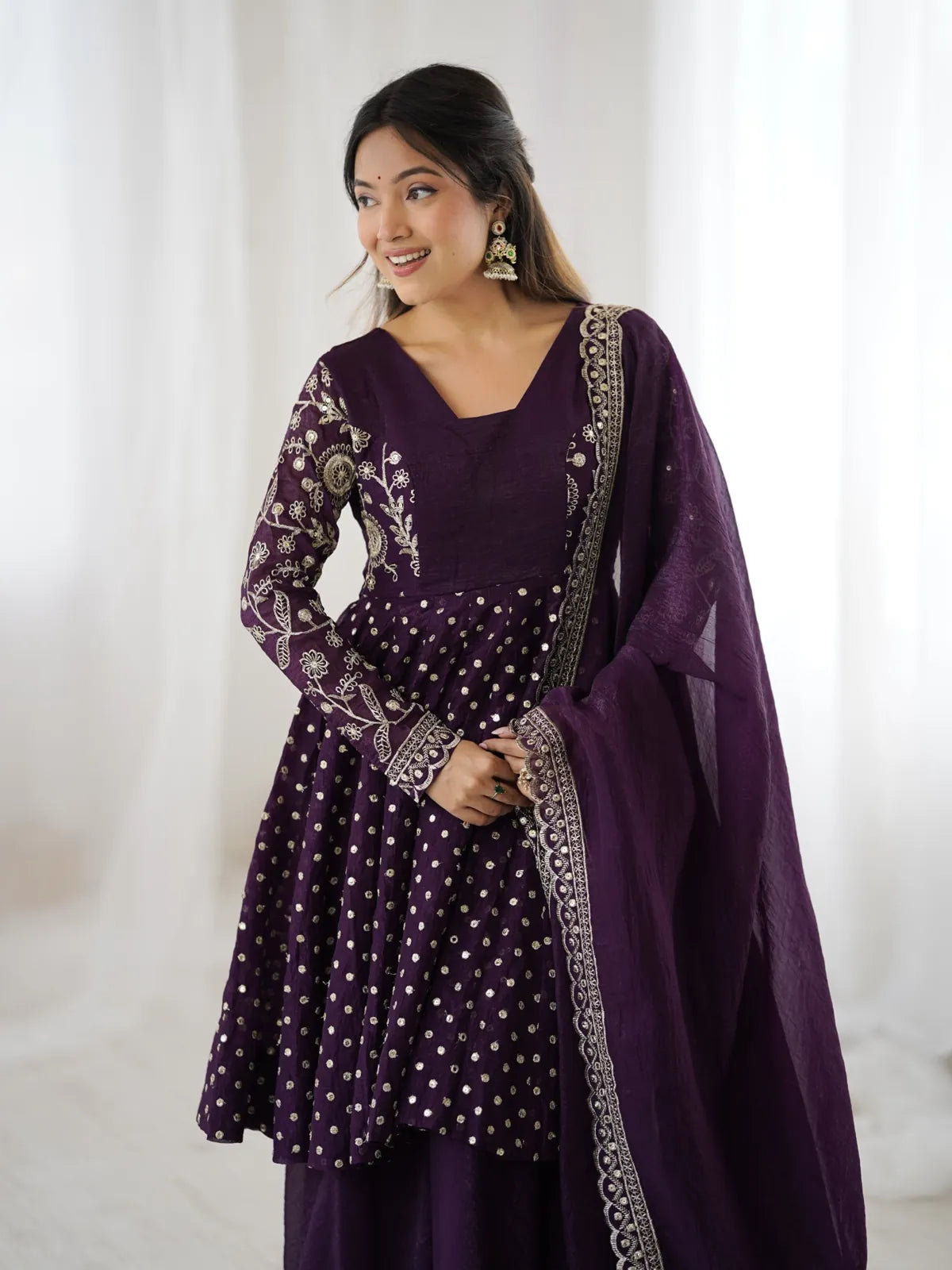 Tarani elegant purple silk dress upper body embroidery detailing view