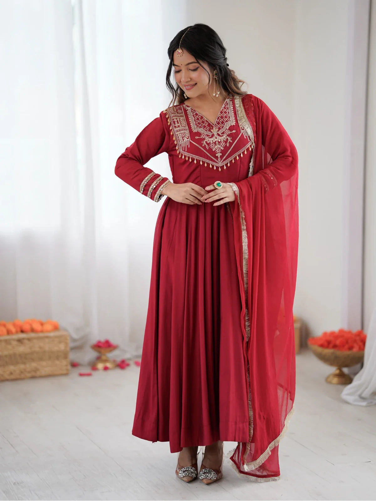 Tarani red Roman silk Anarkali gown full view with dupatta and embroidery work