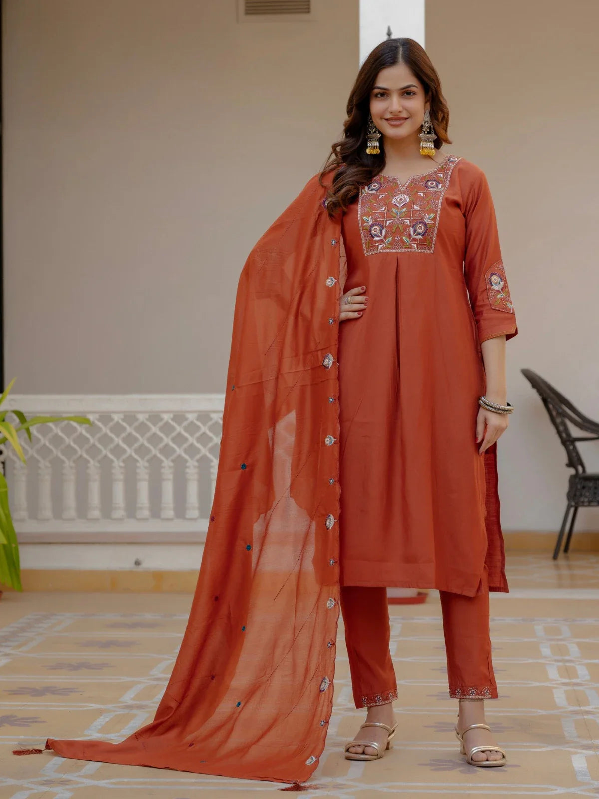 Tarani rust silk kurti set with embroidered yoke and dupatta full front view