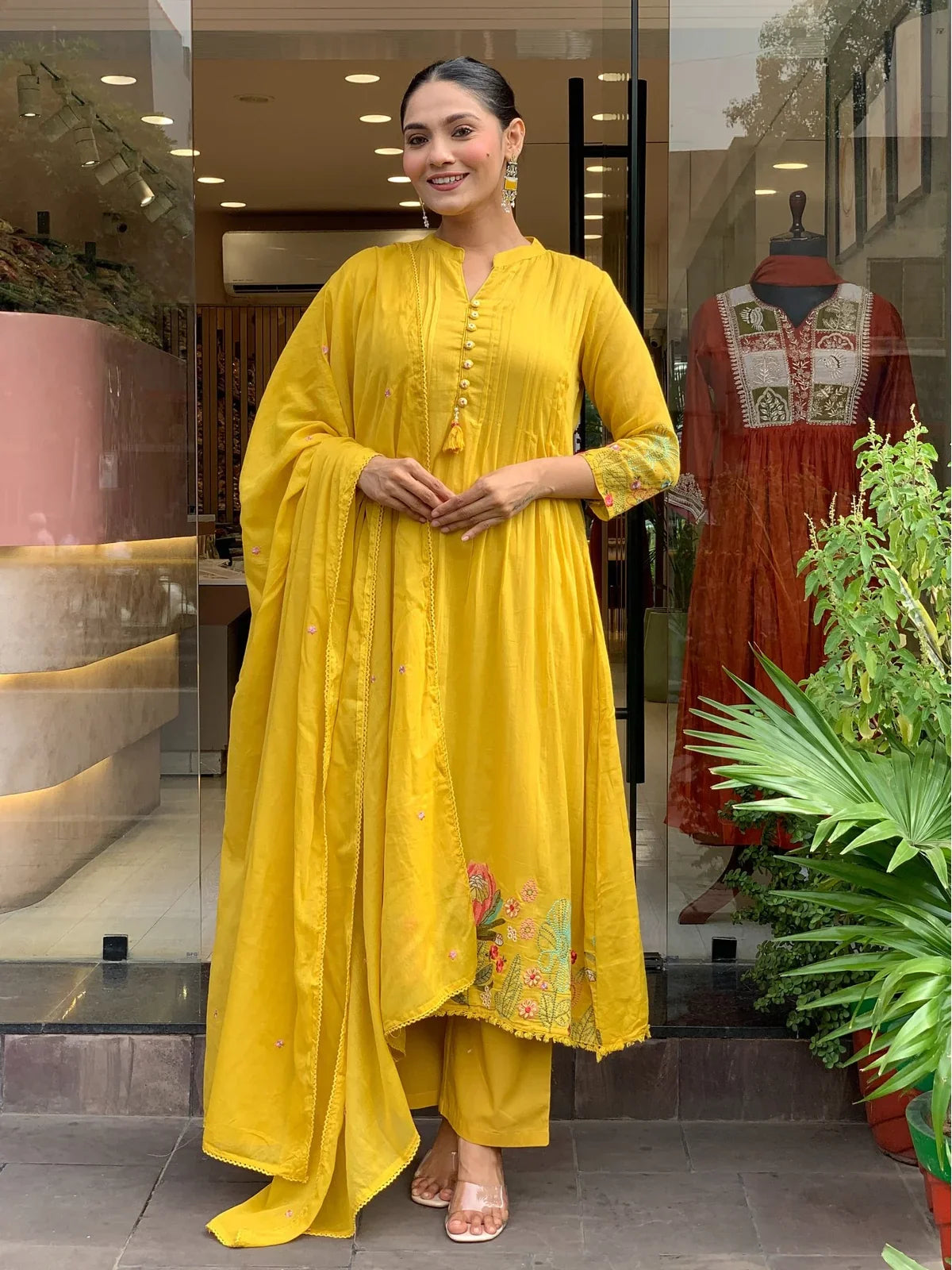 Tarani festive yellow chanderi silk dress with embroidery work full front view