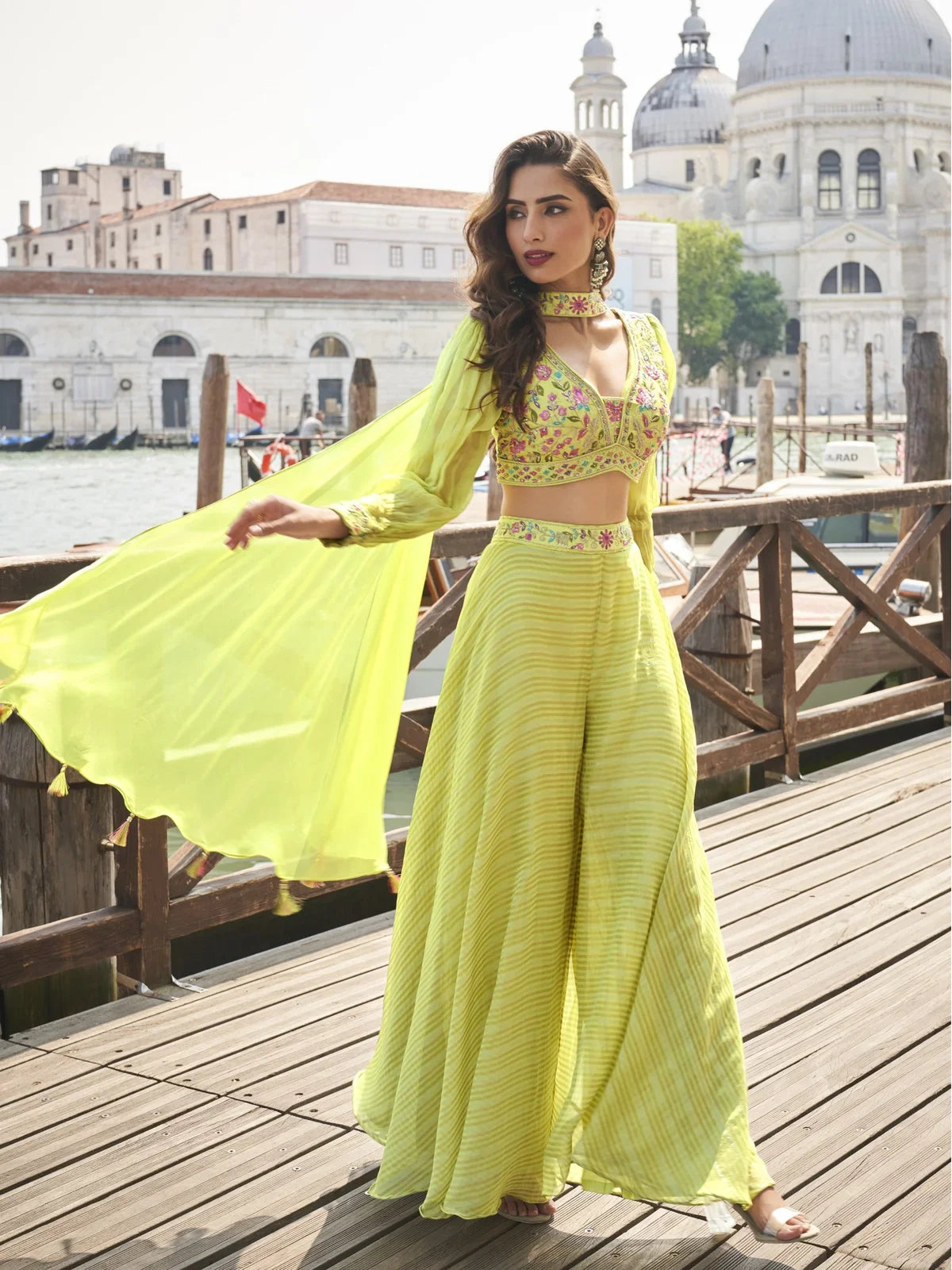 Tarani premium yellow silk sharara suit full view with embroidery and dupatta