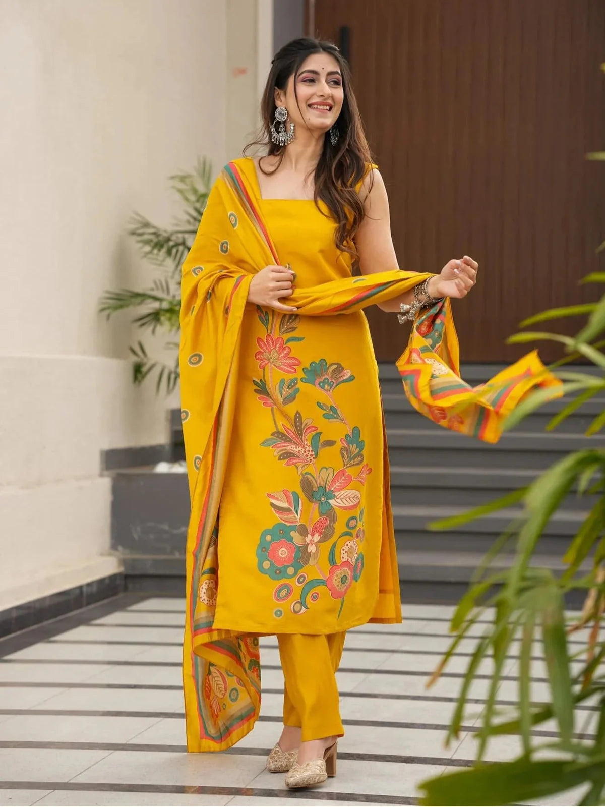 Tarani yellow silk kurti set with pant and dupatta in floral print full view