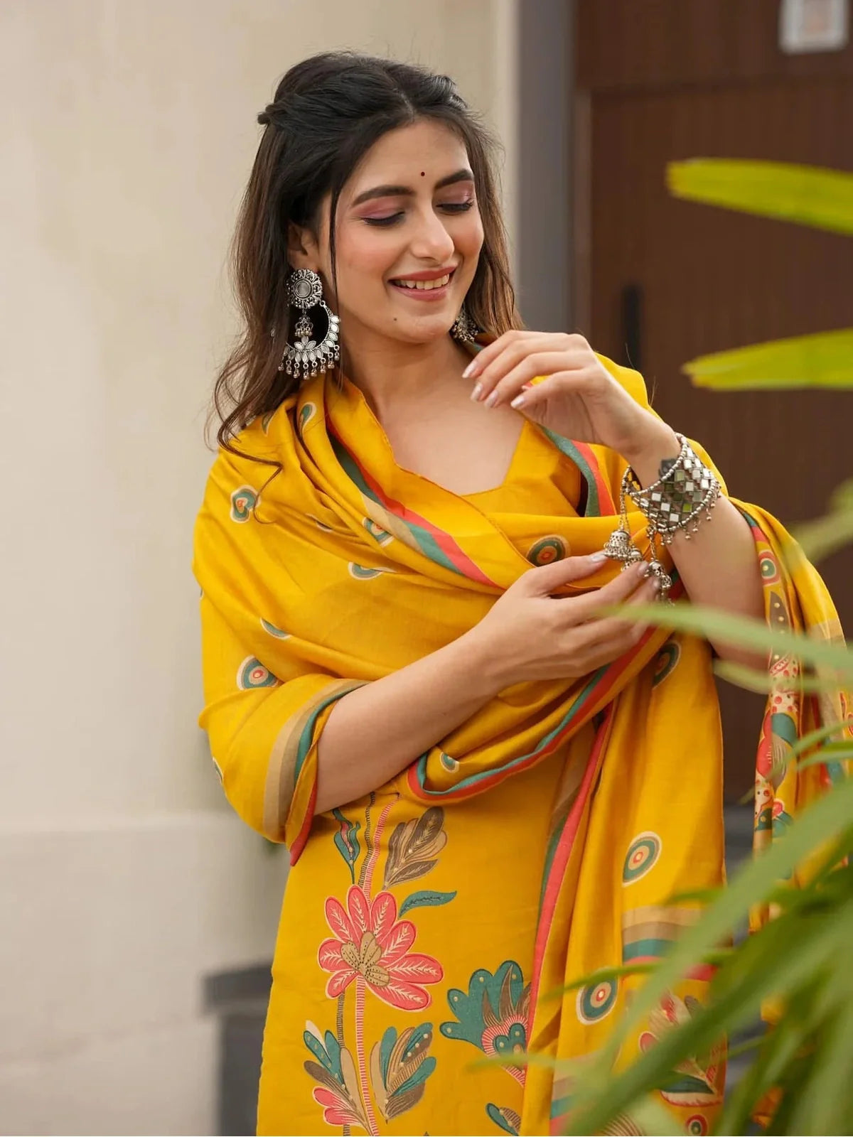 Tarani yellow silk kurti set with dupatta floral print upper body view
