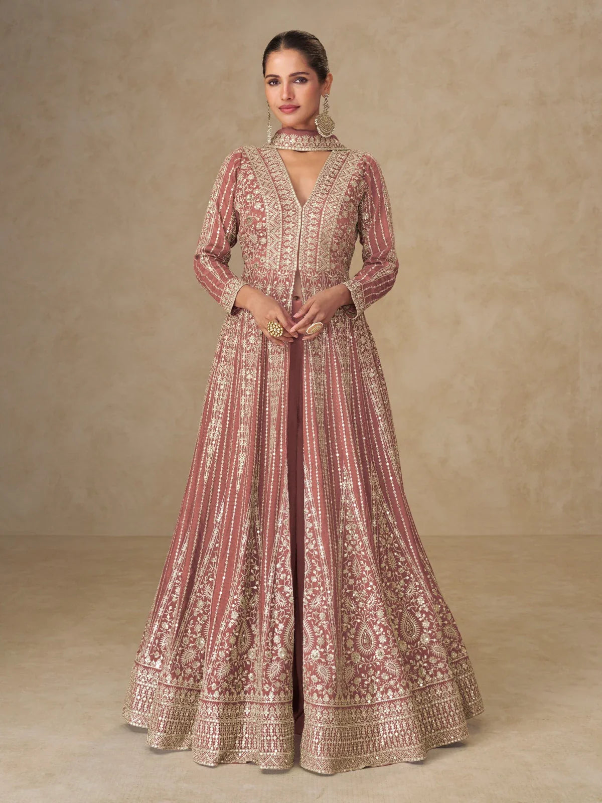 Tarani premium mauve embroidered silk gown full front view with dupatta