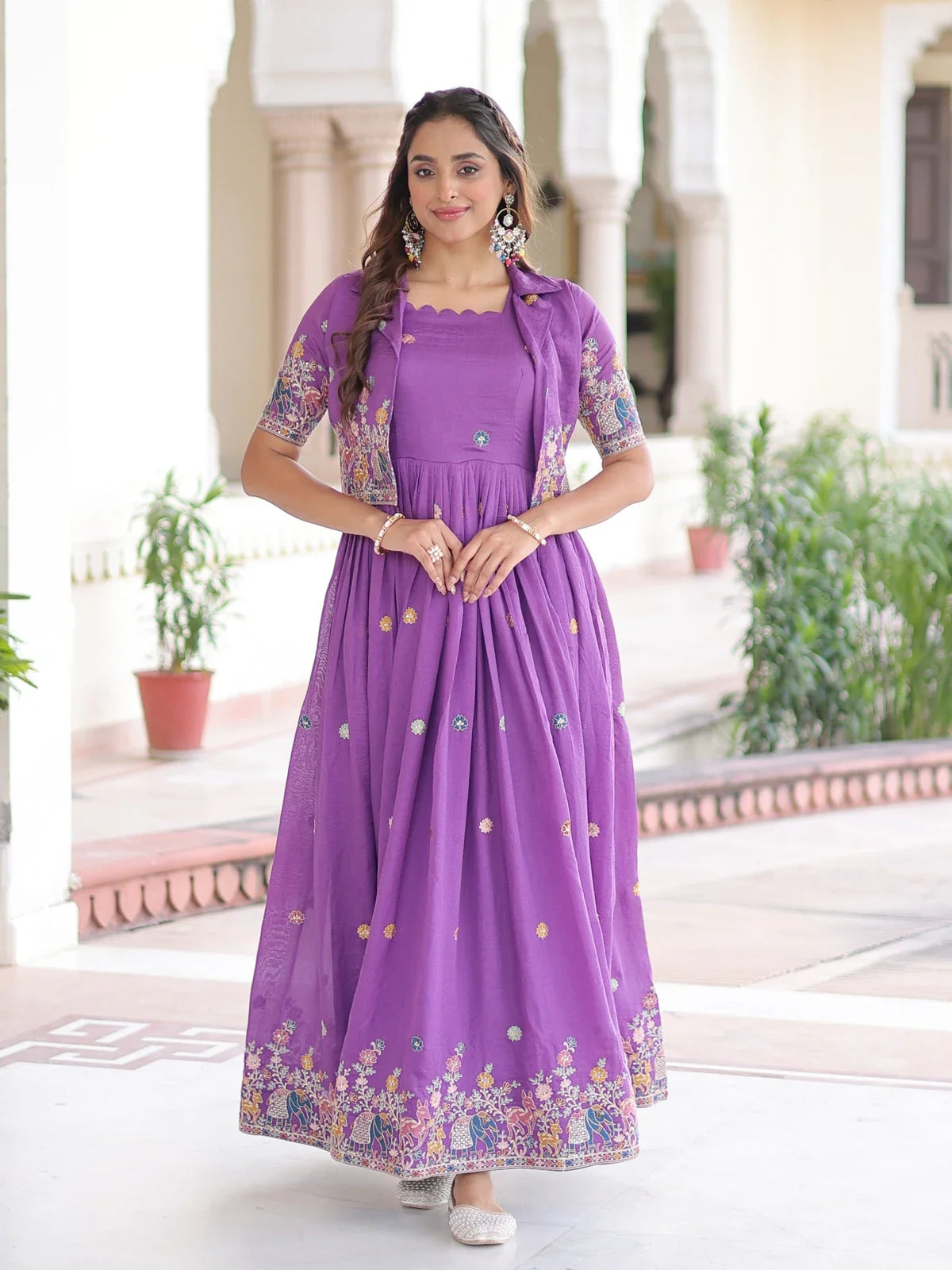 Tarani purple vichitra silk gown with embroidery and full view of short-sleeve embroidered koti - Ashwika