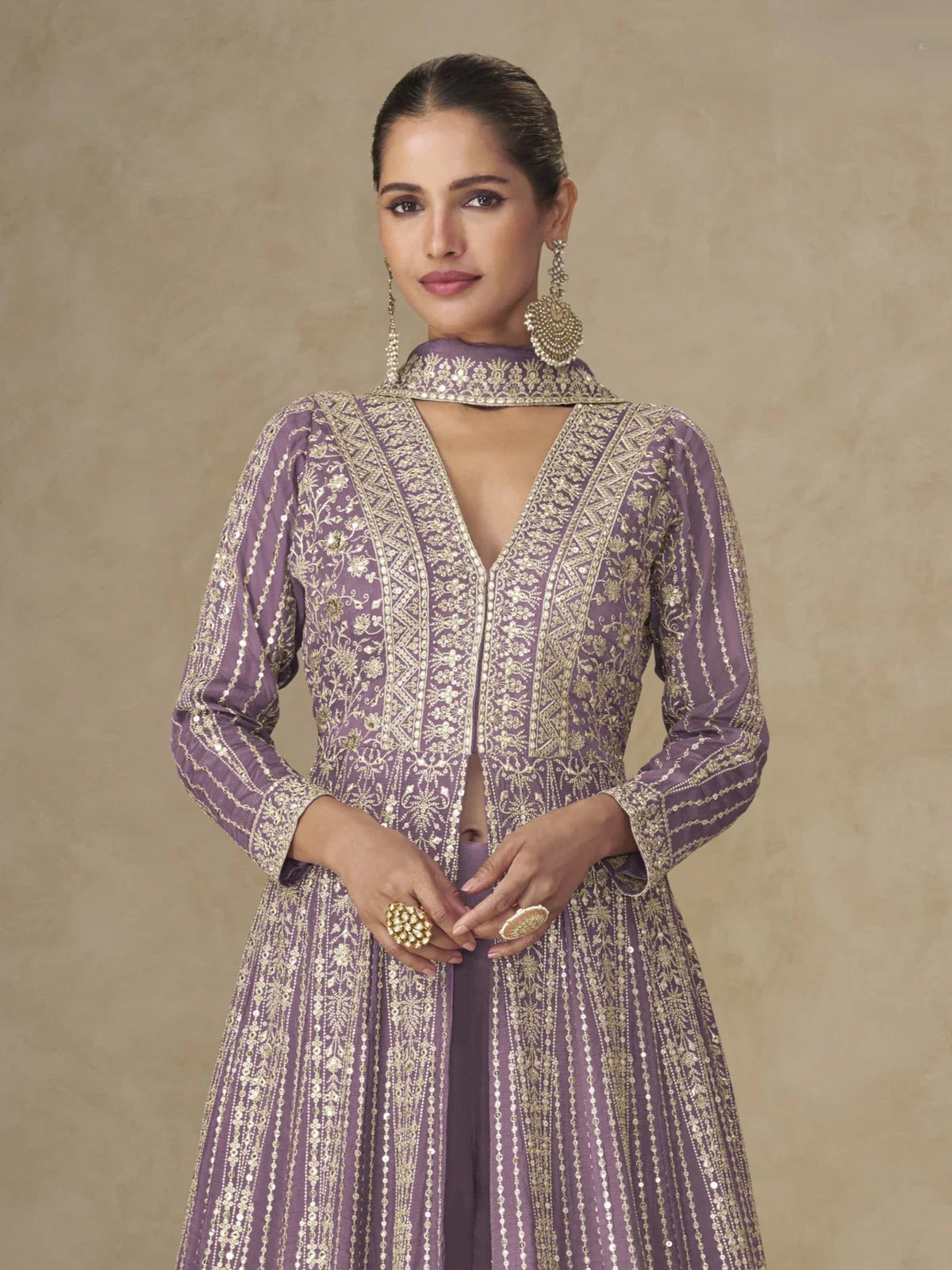 Tarani lavender Chinnon silk gown upper body embroidery close view