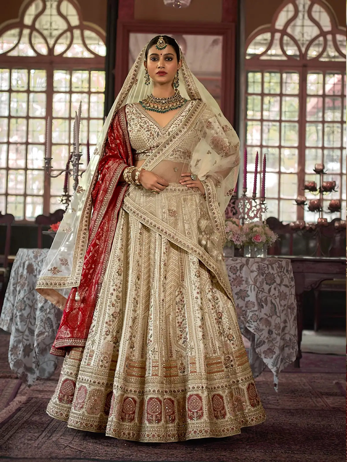 Tarani bridal beige silk lehenga with embroidery full view for weddings