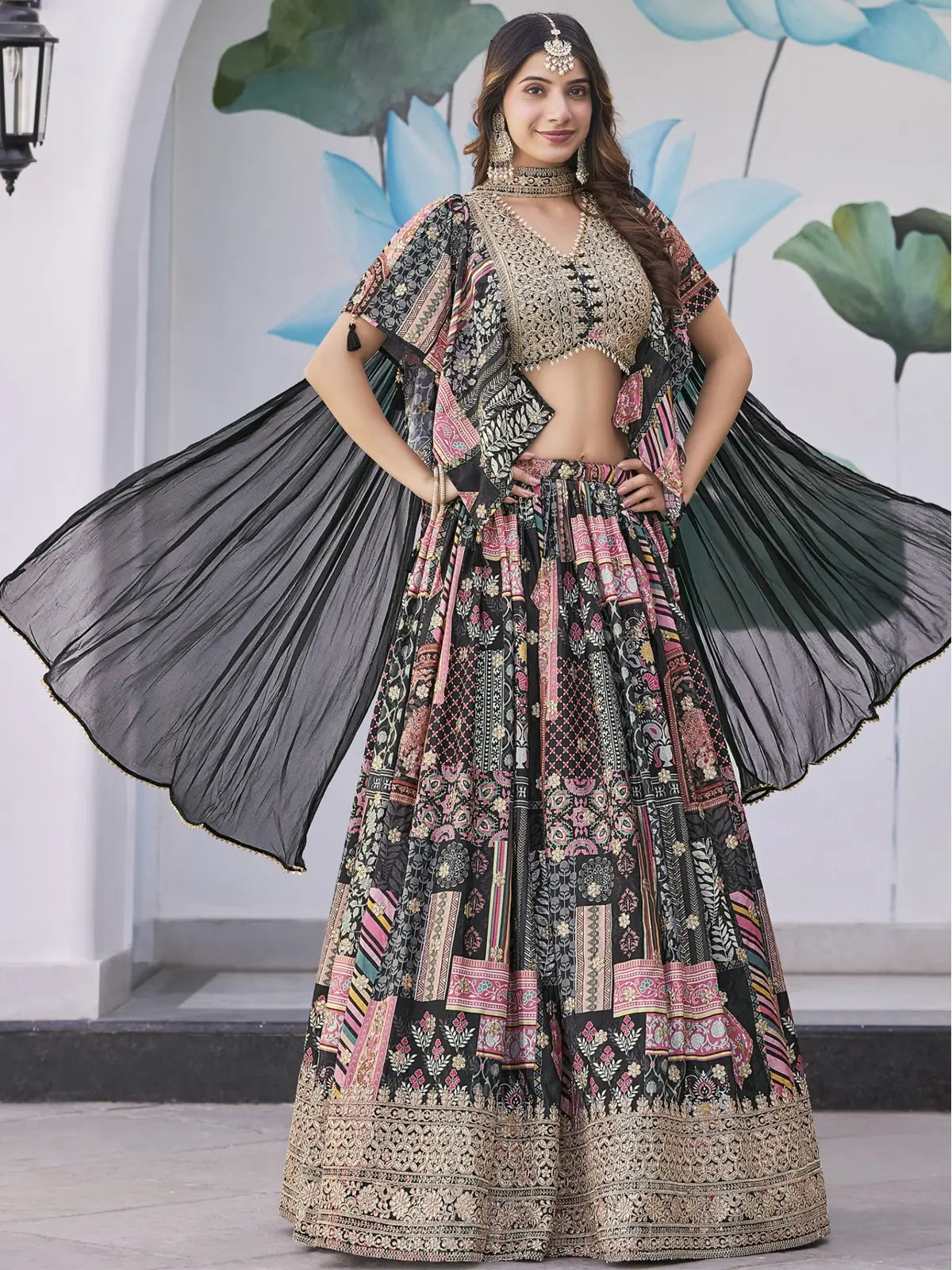 Tarani premium black chinnon silk lehenga with embroidered blouse and chiffon dupatta full view