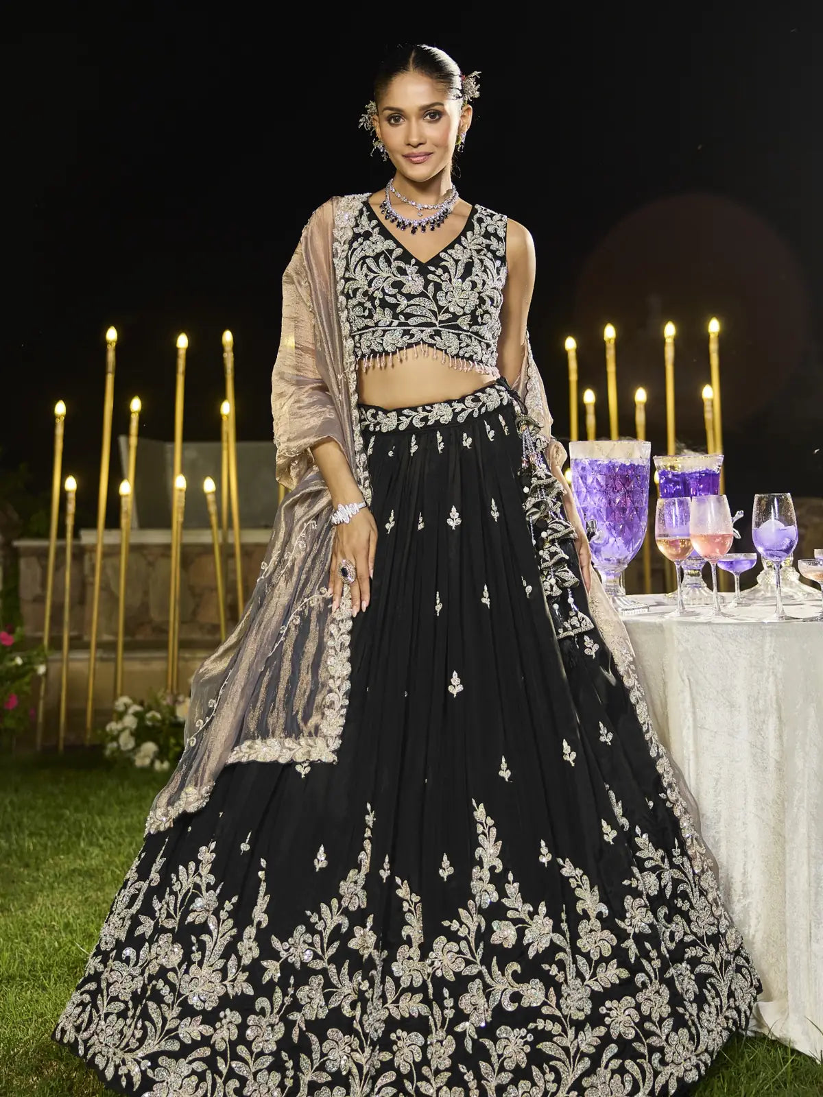 Tarani black satin silk lehenga with full view showcasing embroidery and dupatta for weddings