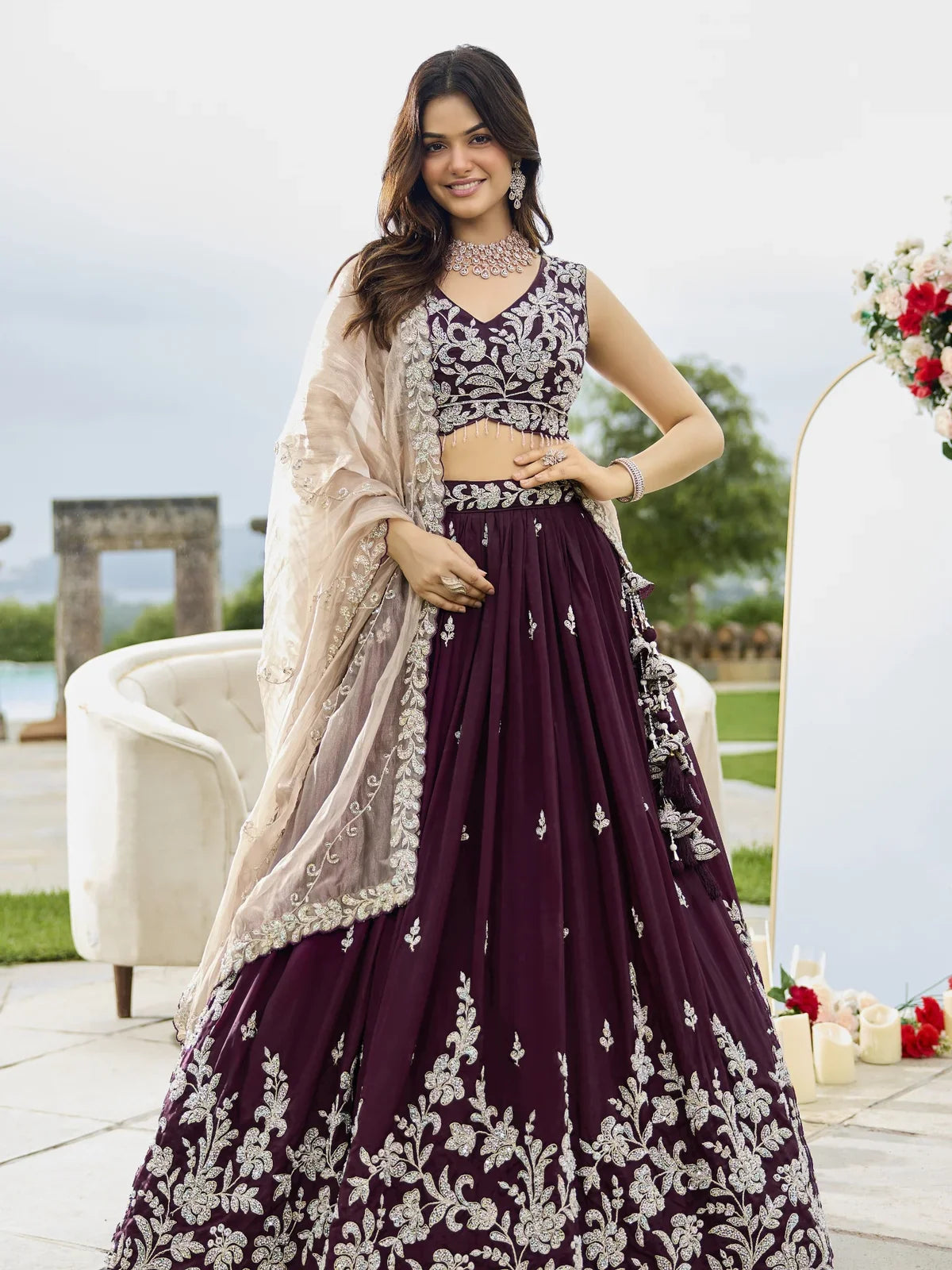 Tarani premium black satin silk lehenga full view with sequins embroidery blouse and nude dupatta