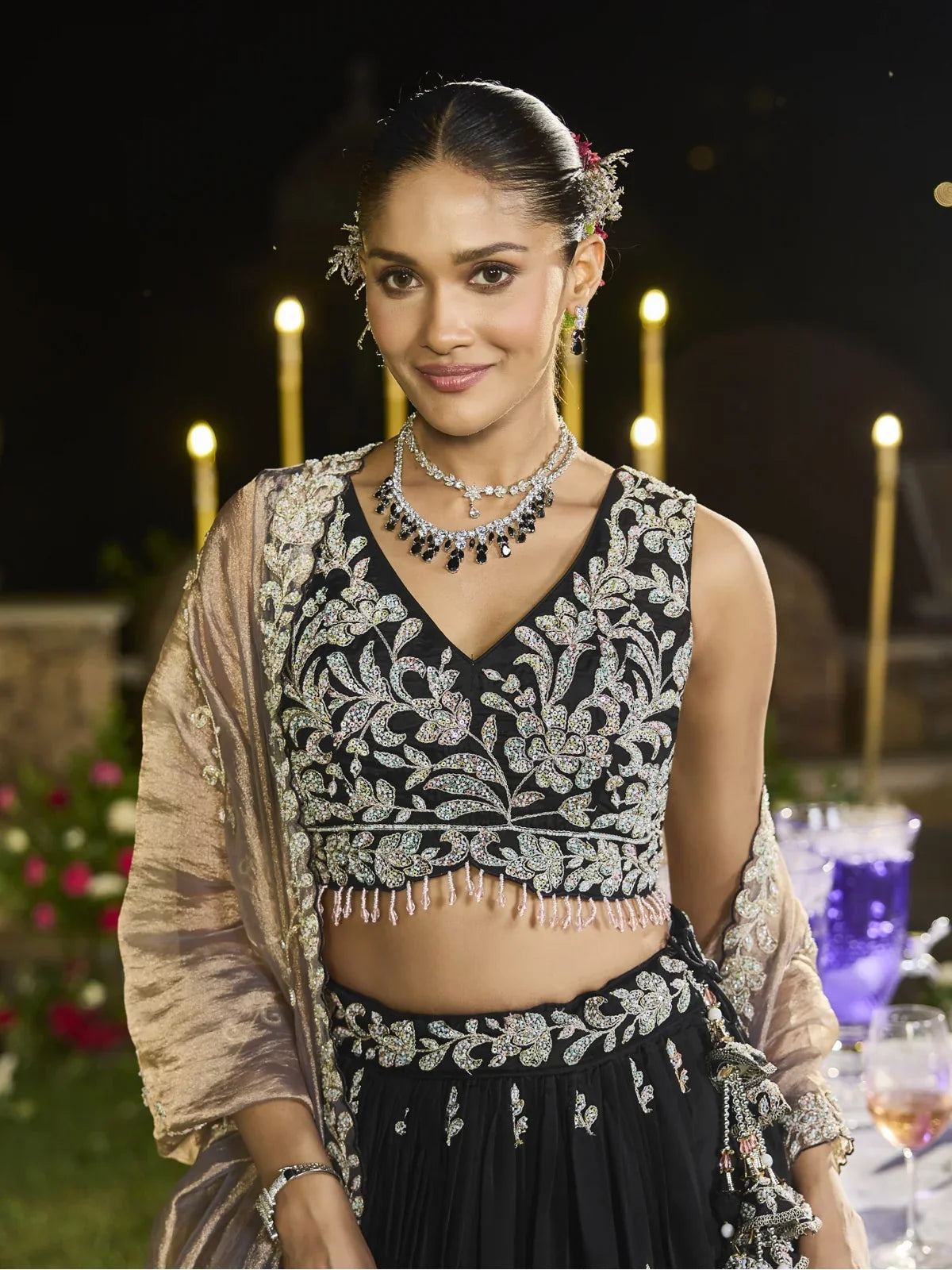 Tarani black satin silk lehenga upper body view with embroidered blouse and dupatta