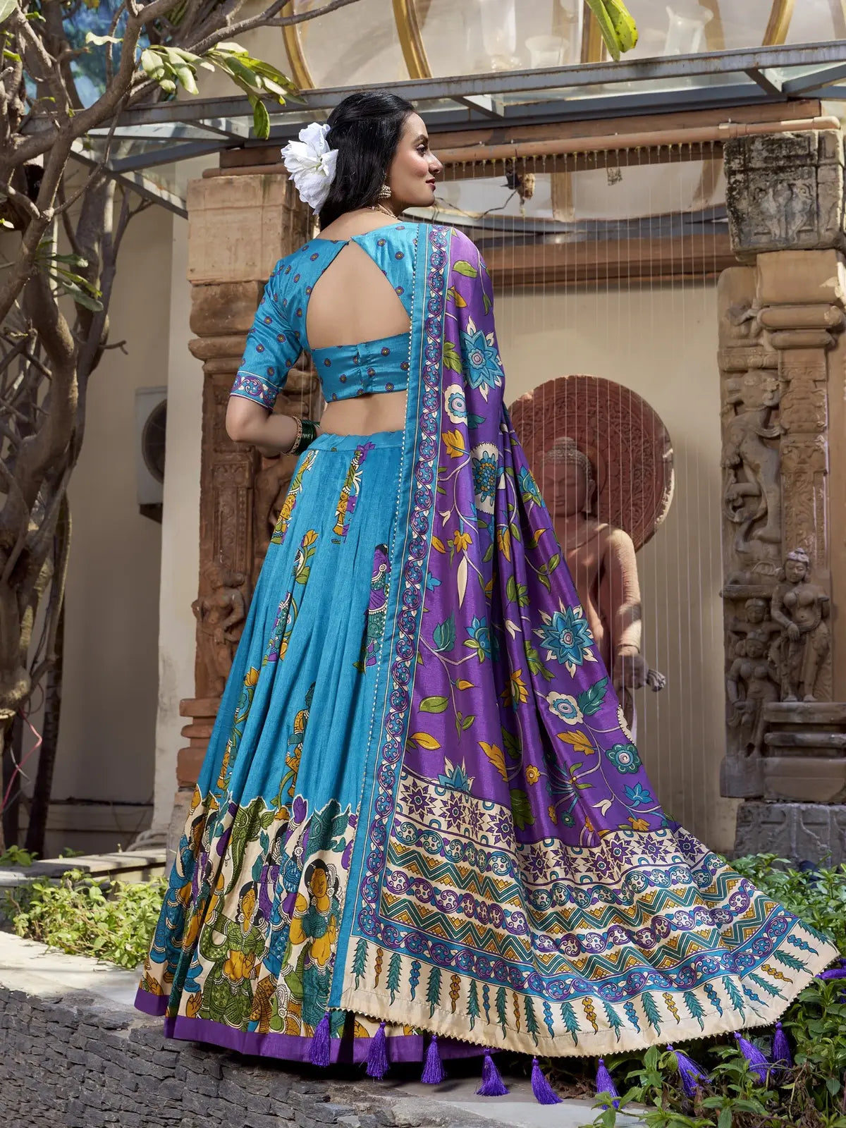Tarani back design blouse with kalamkari dupatta in premium blue silk lehenga set