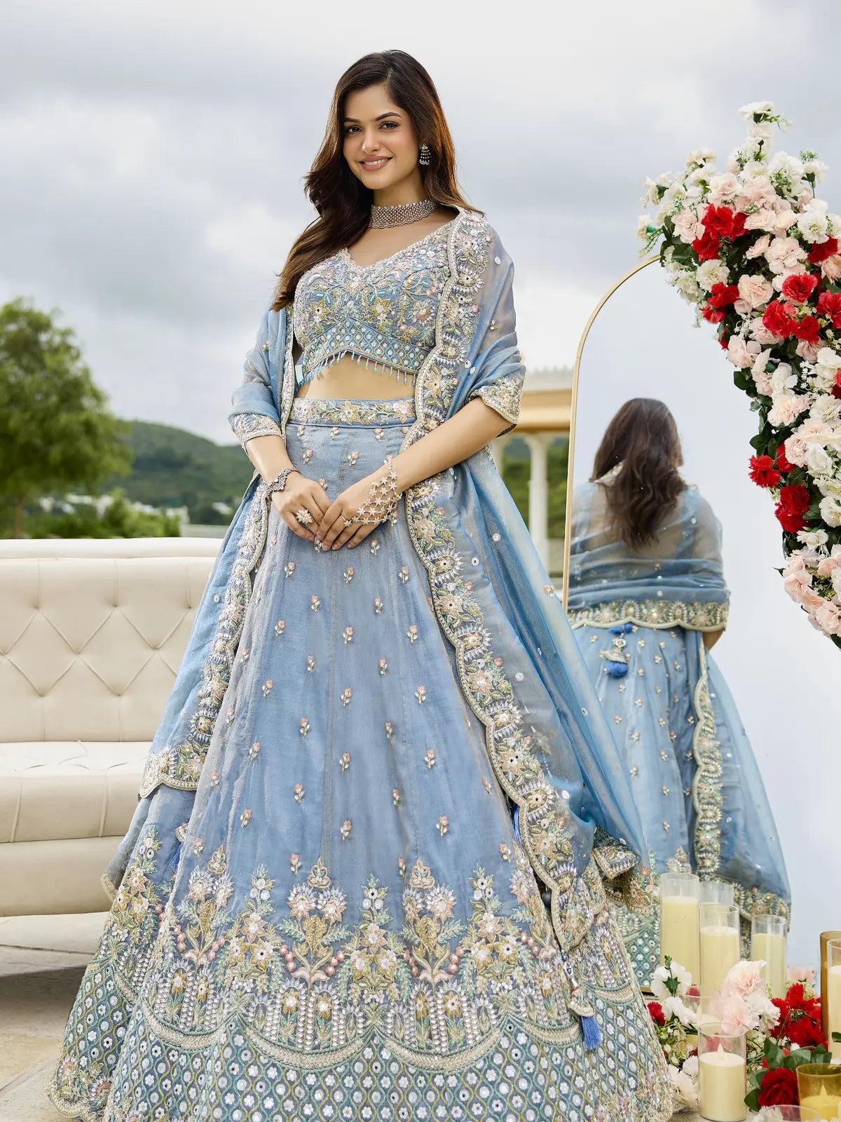 Tarani premium blue satin silk lehenga with embroidered blouse and dupatta front full view